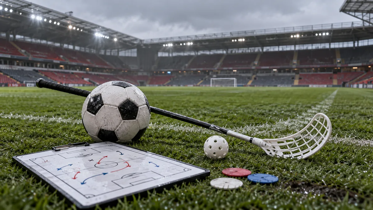 En sliten fotboll, en innebandyklubba, en vit innebandyboll, färgade markeringsbrickor och en taktiktavla ligger på vått gräs i en tom fotbollsstadion under grå himmel.