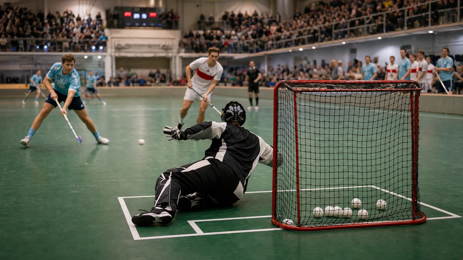 Målvakten värmer upp med sidoförflyttningar medan två spelare skjuter in bollar från zonens topp