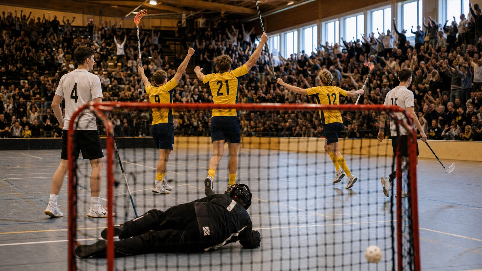 Ögonblicket efter ett mål när tre lagkamrater sträcker upp klubborna och de främsta publikraderna reser sig