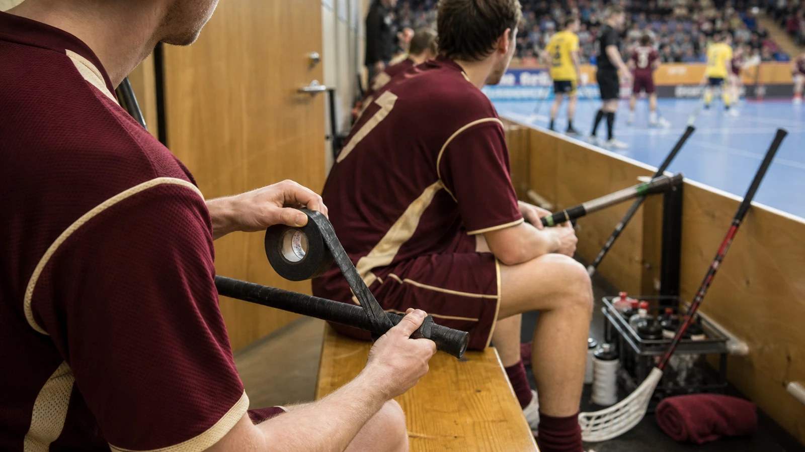 En avbytare lindar ny grepplinda runt klubbskaftet på bänken medan matchen fortsätter bakom sargen