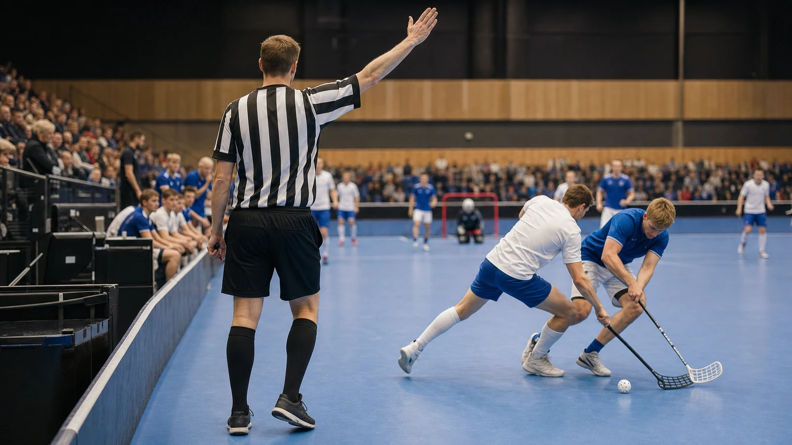 Spelare försöker avgöra en innebandymatch i periodens sista sekunder