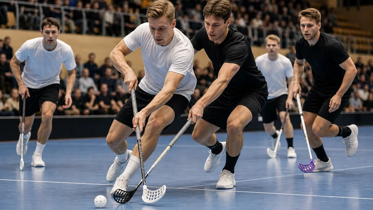 Innebandyspelare i kamp om bollen framför en välfylld läktare i en svensk sporthall