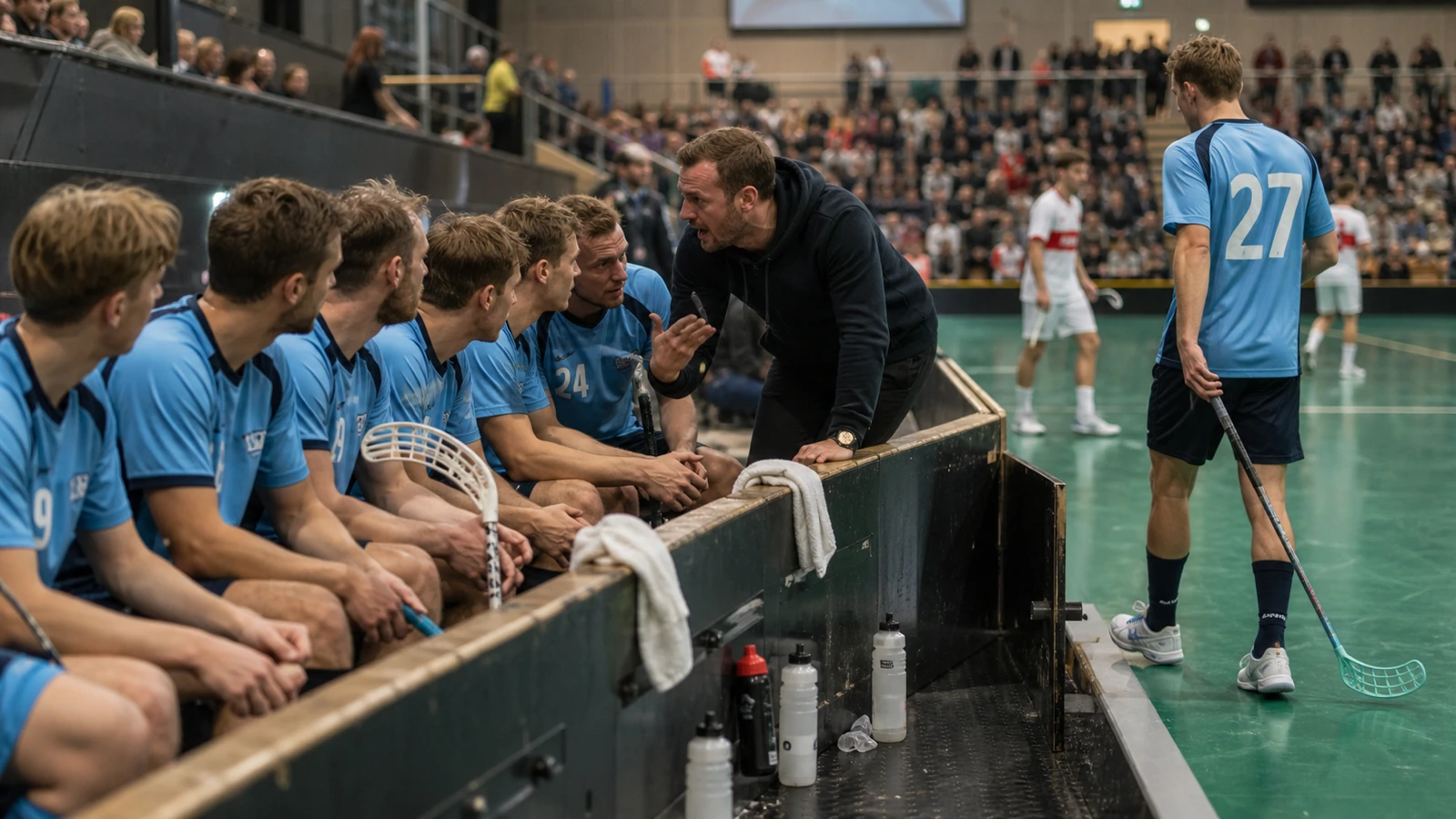 Tränaren lutar sig över sargen och pratar med spelarna på bänken medan en avbytare står klar vid bänkdörren