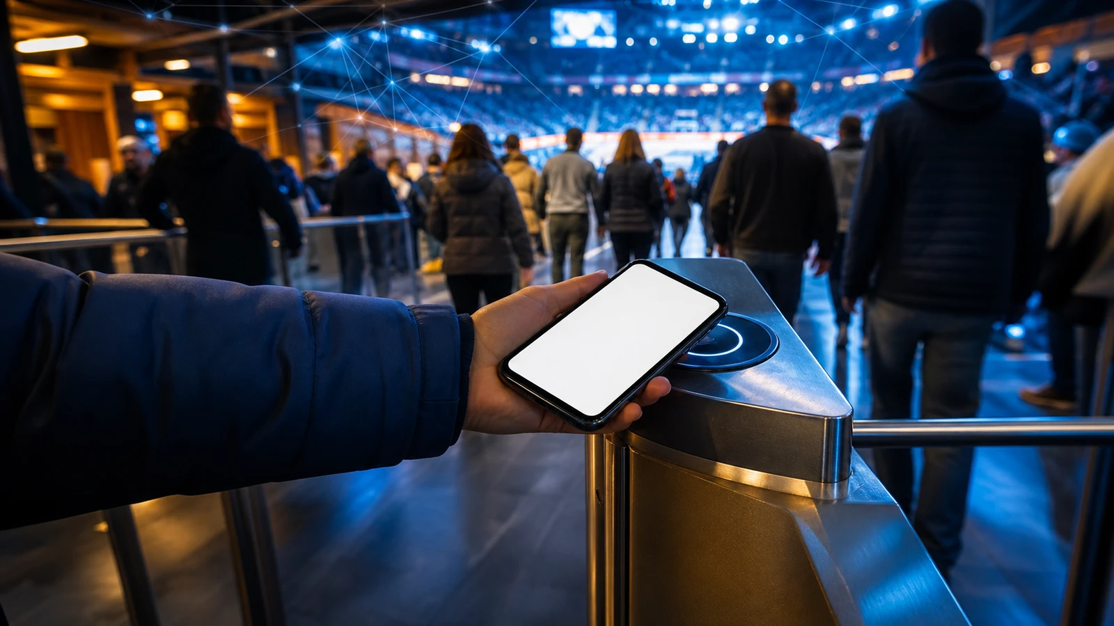 Supporter använder en digital betalning vid entrén till en sportarena