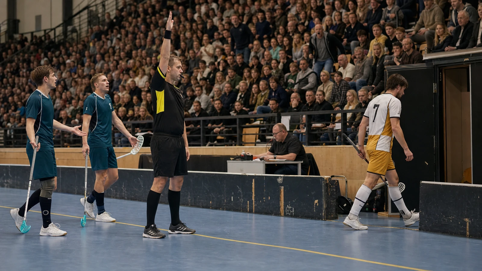 Domare med armen rakt upp signalerar utvisning medan en utvisad spelare går längs sargen mot utvisningsbåset och två motståndare protesterar