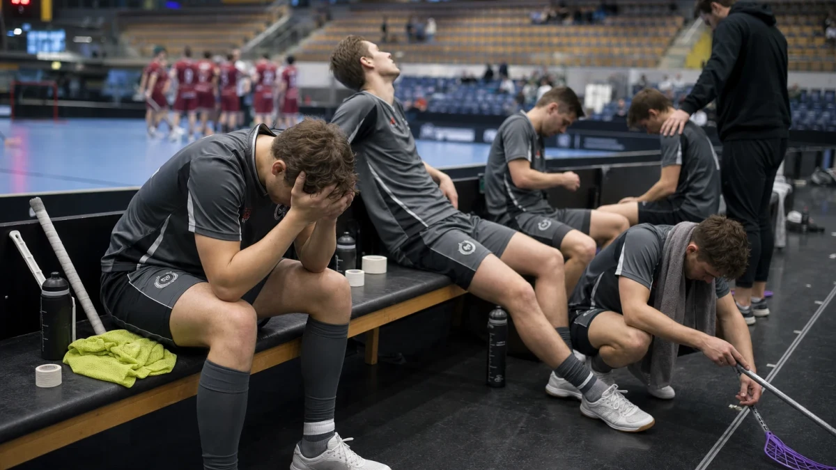 Spelare sitter nedstämda på bänken med hemmajubel suddigt i bakgrunden