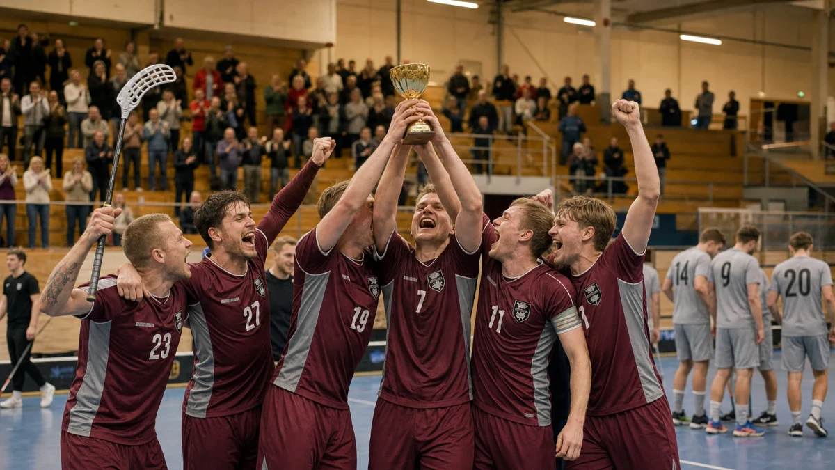 Lag lyfter en blank pokal och jublar framför träläktarna
