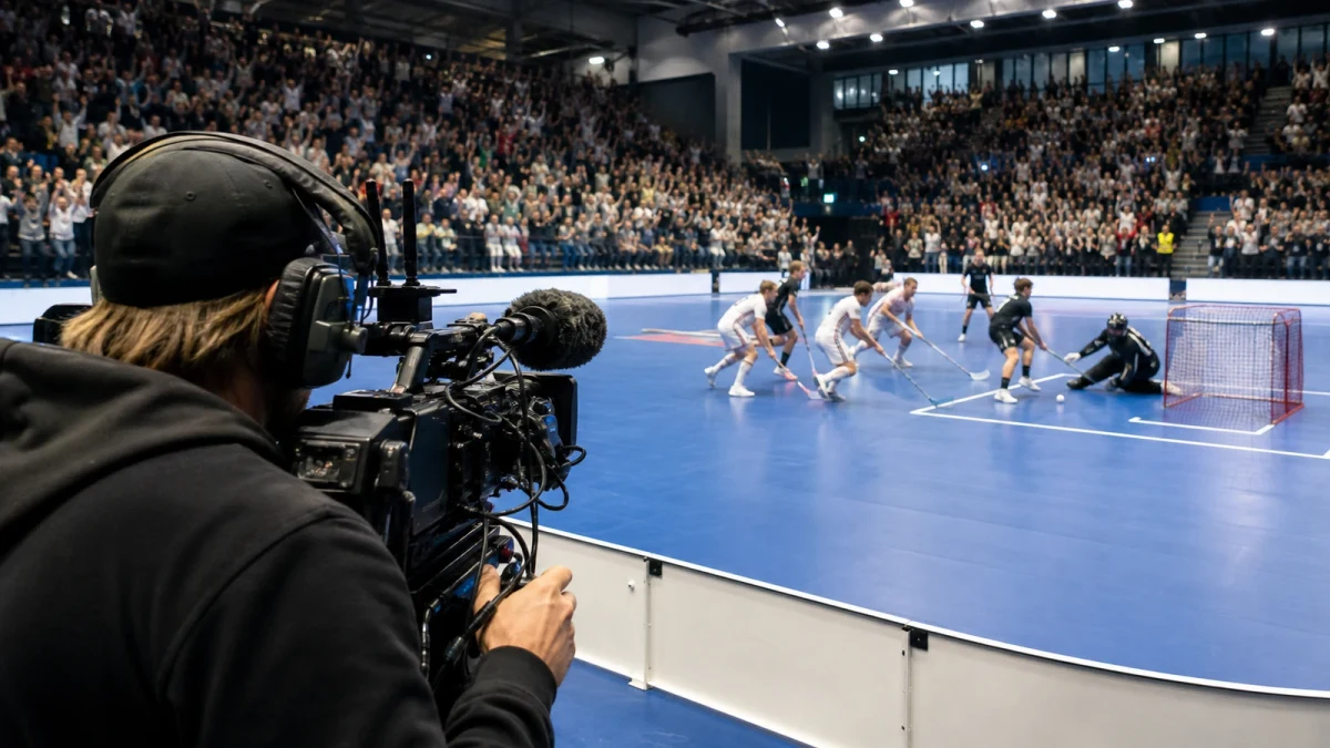 Kameraperson filmar en innebandyattack framför en jublande publik