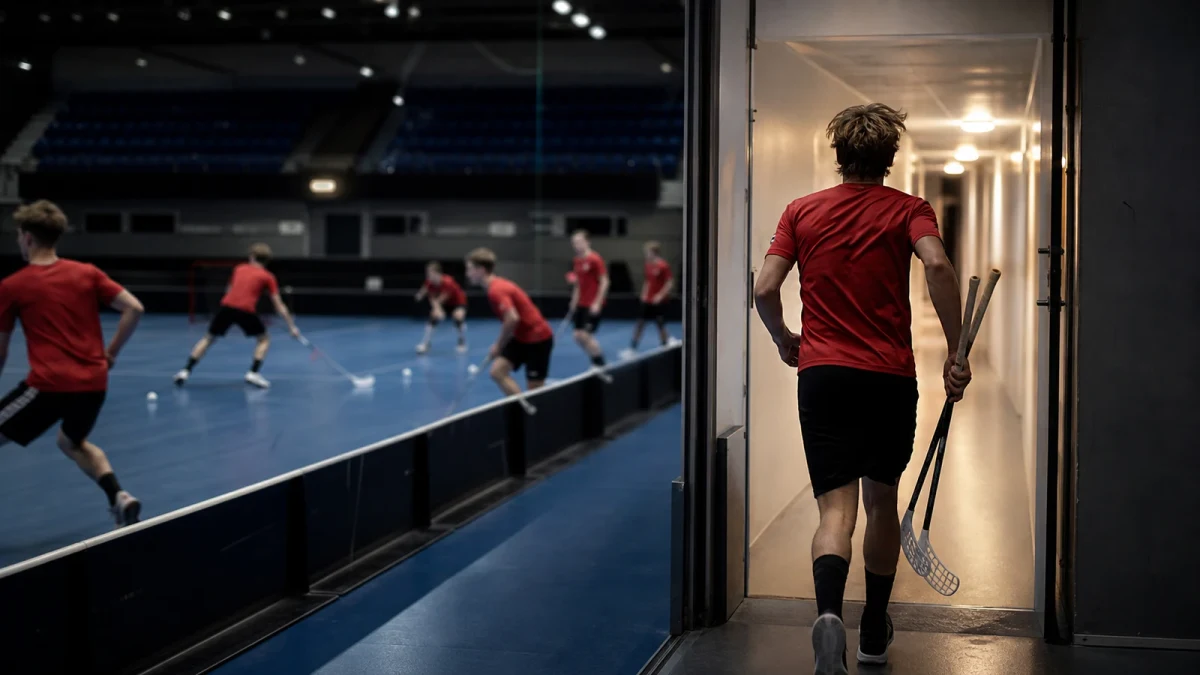 Innebandyspelare lämnar planen mot en ljus halltunnel med klubbor i handen