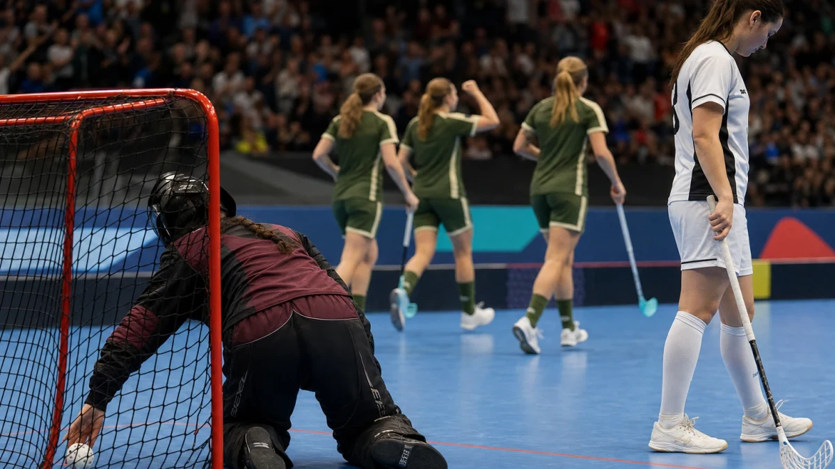 Målvakt hämtar bollen ur nätet medan motståndarna joggar tillbaka