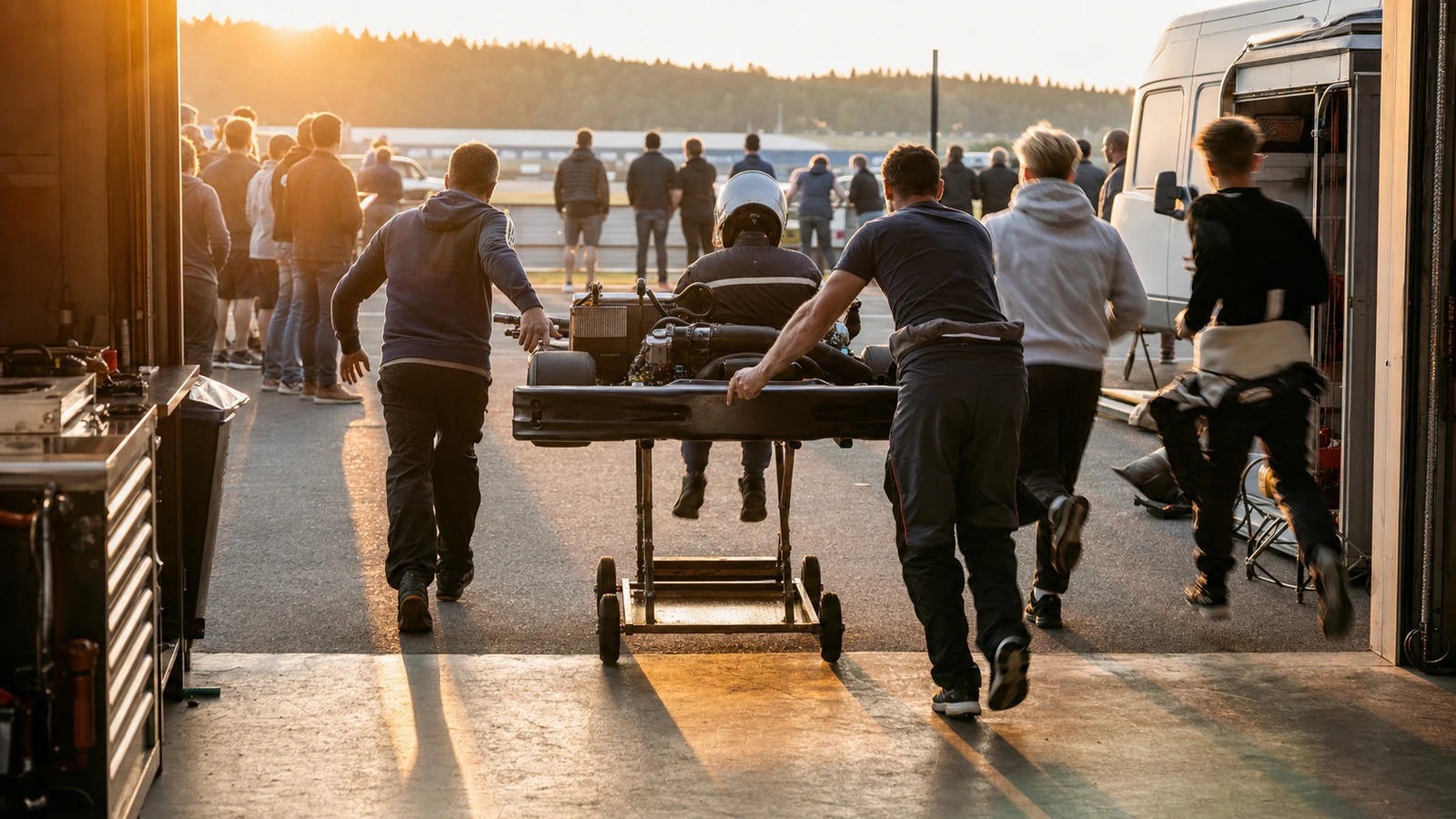 Klubbmedlemmar skjuter ut en racingkart från garaget mot banan